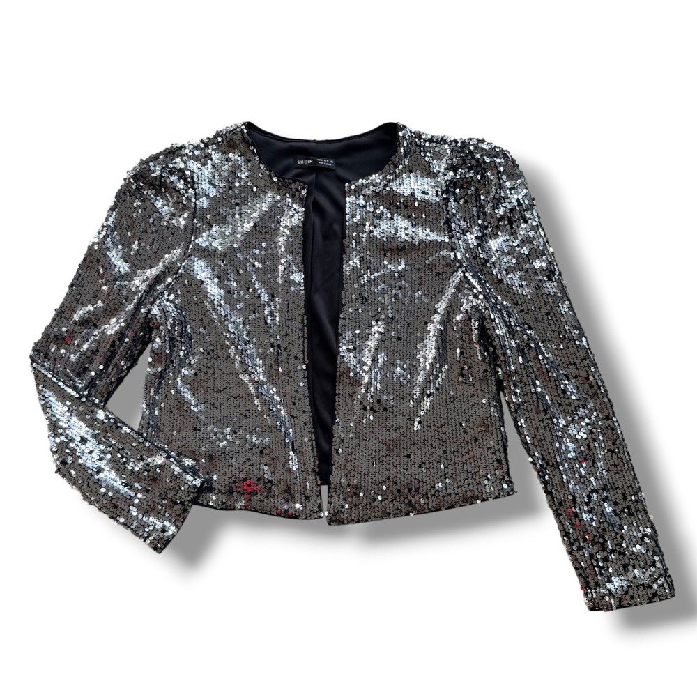Sz. M Silver Sequin Cropped Open Front Puff Shoulder Jacket Blazer Party Concert